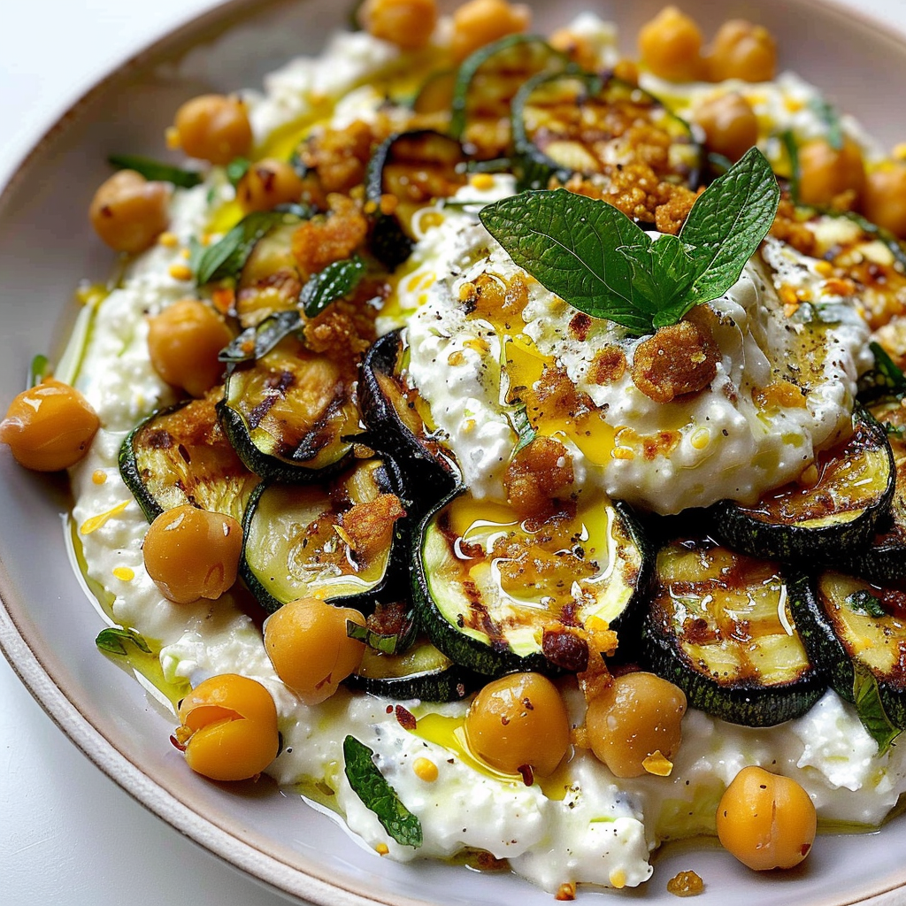 Lemony Grilled Zucchini & Crispy Chickpeas Over Tzatziki