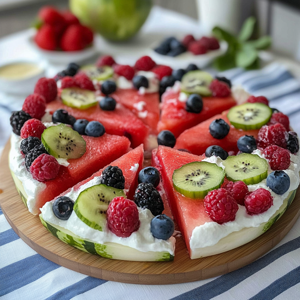Refreshing Watermelon Pizza with Yogurt and Berries Delight