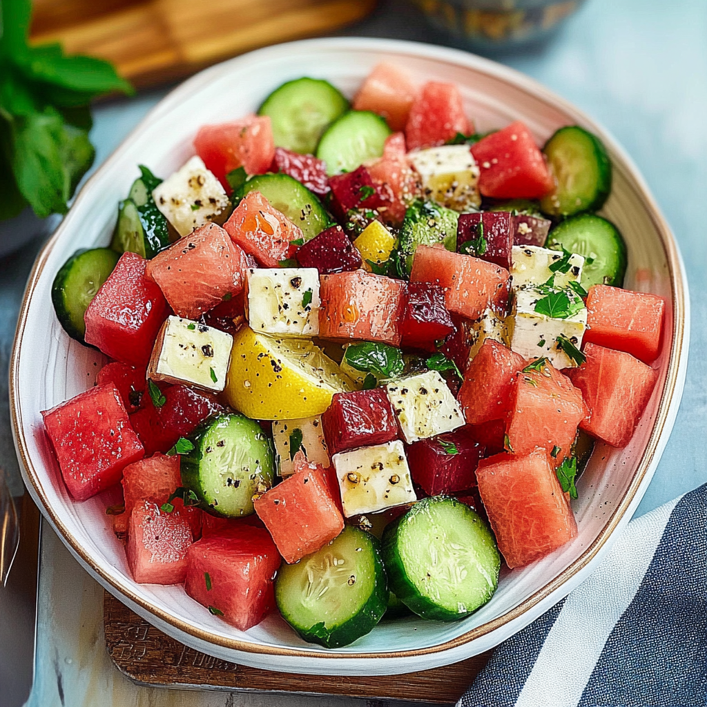 Watermelon and Cucumber Salad with Lemon Dressing