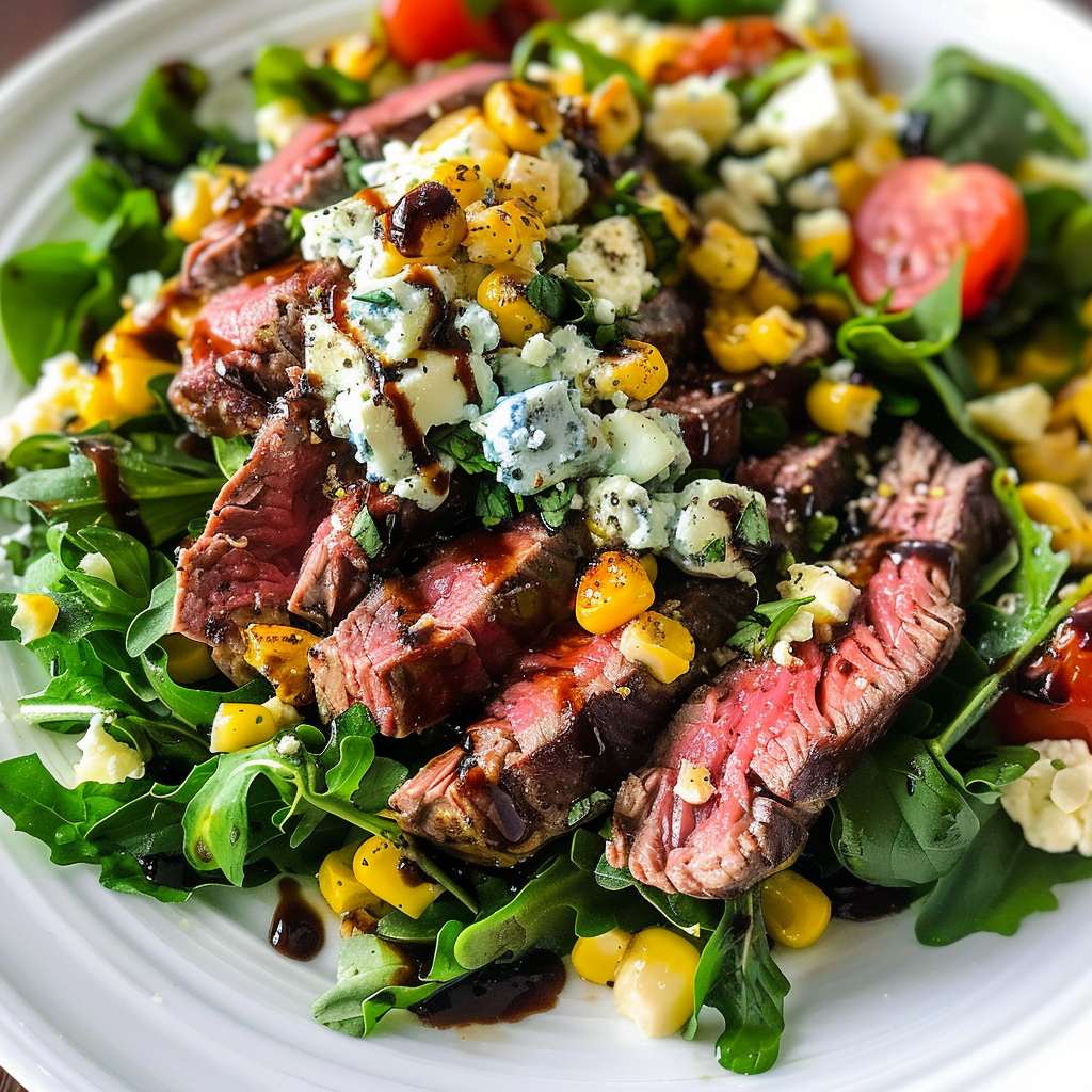 Irresistible Balsamic Steak Gorgonzola Salad with Grilled Corn