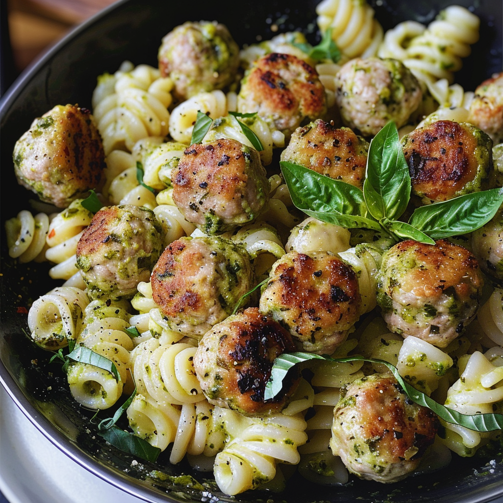 Indulge in Creamy Baked Pesto Pasta with Chicken Meatballs