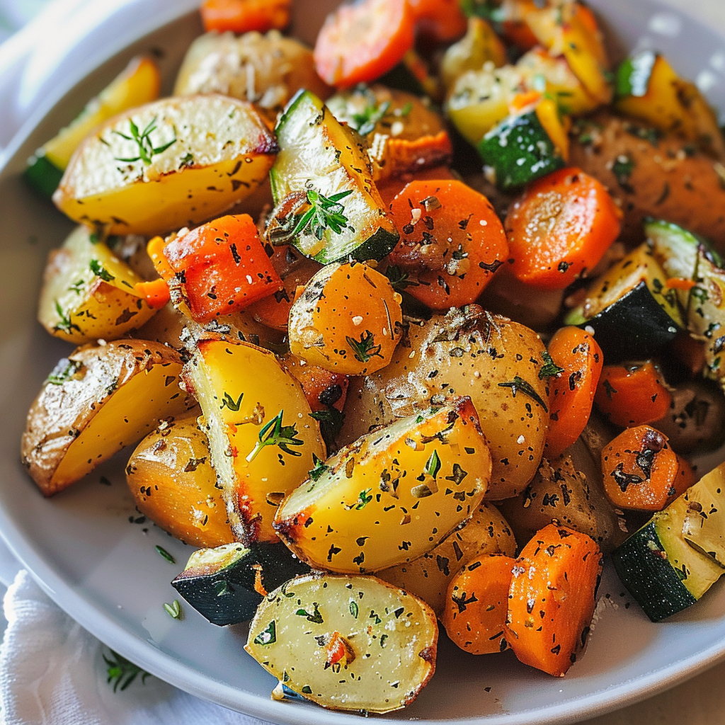 Delicious Garlic Herb Roasted Potatoes, Carrots & Zucchini