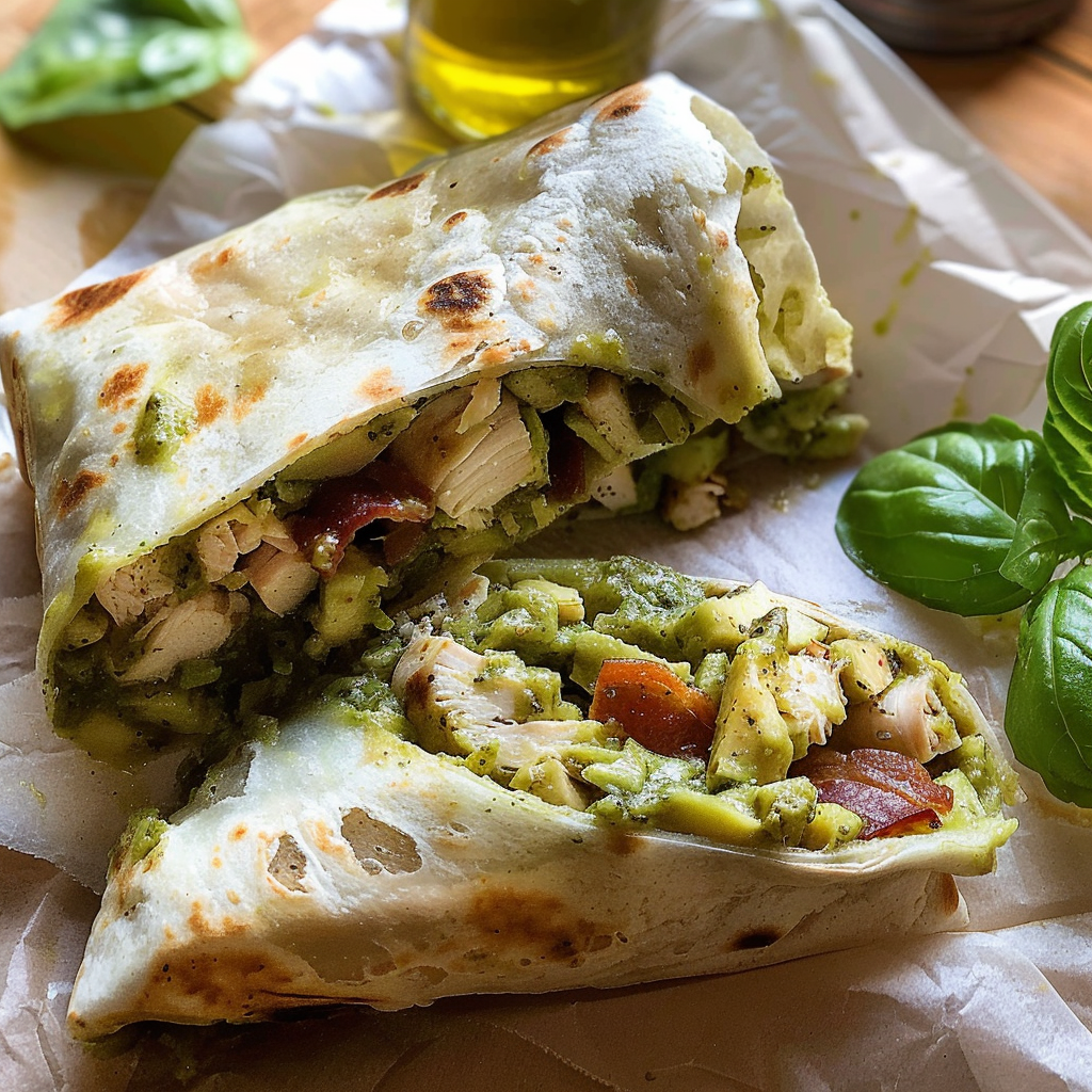 Delicious Pesto Chicken and Avocado Bacon Salad Wraps