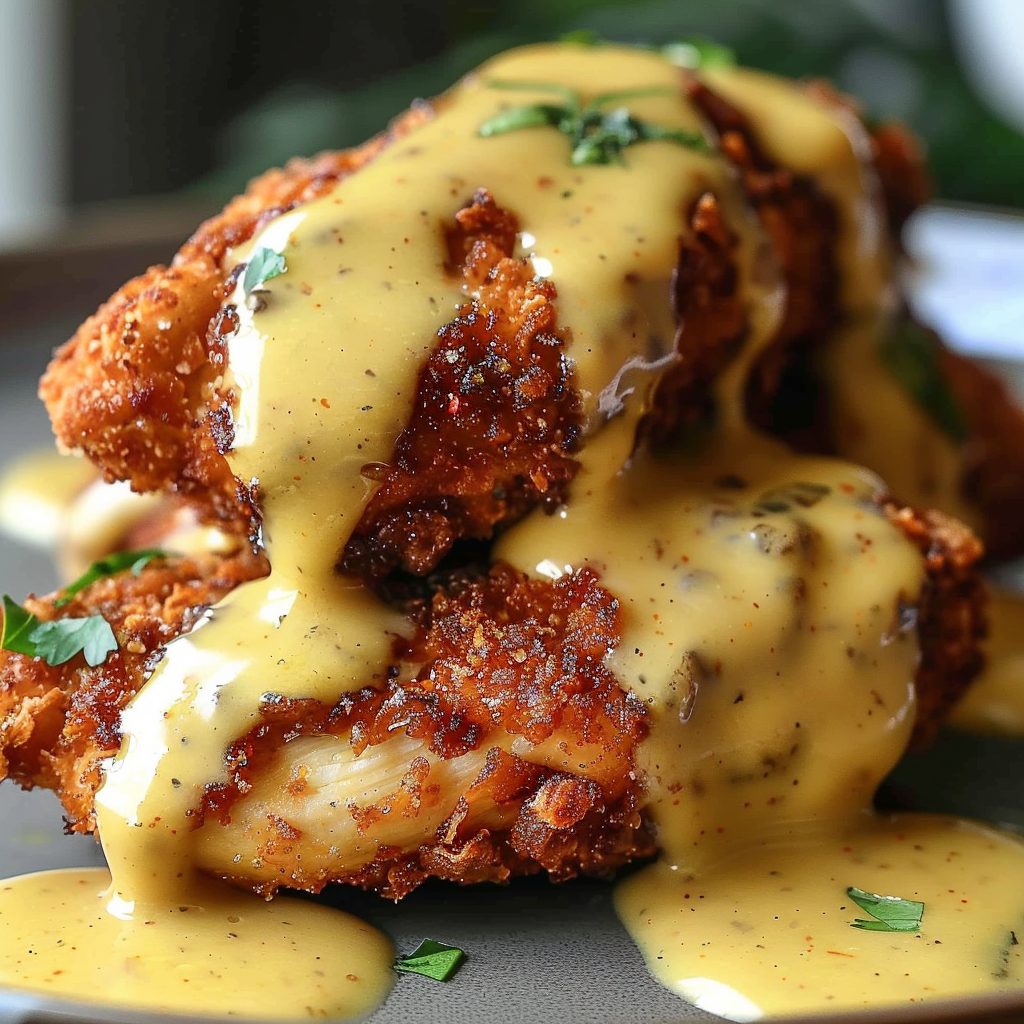 Crunchy Pretzel Chicken with Mustard-Cheddar Sauce