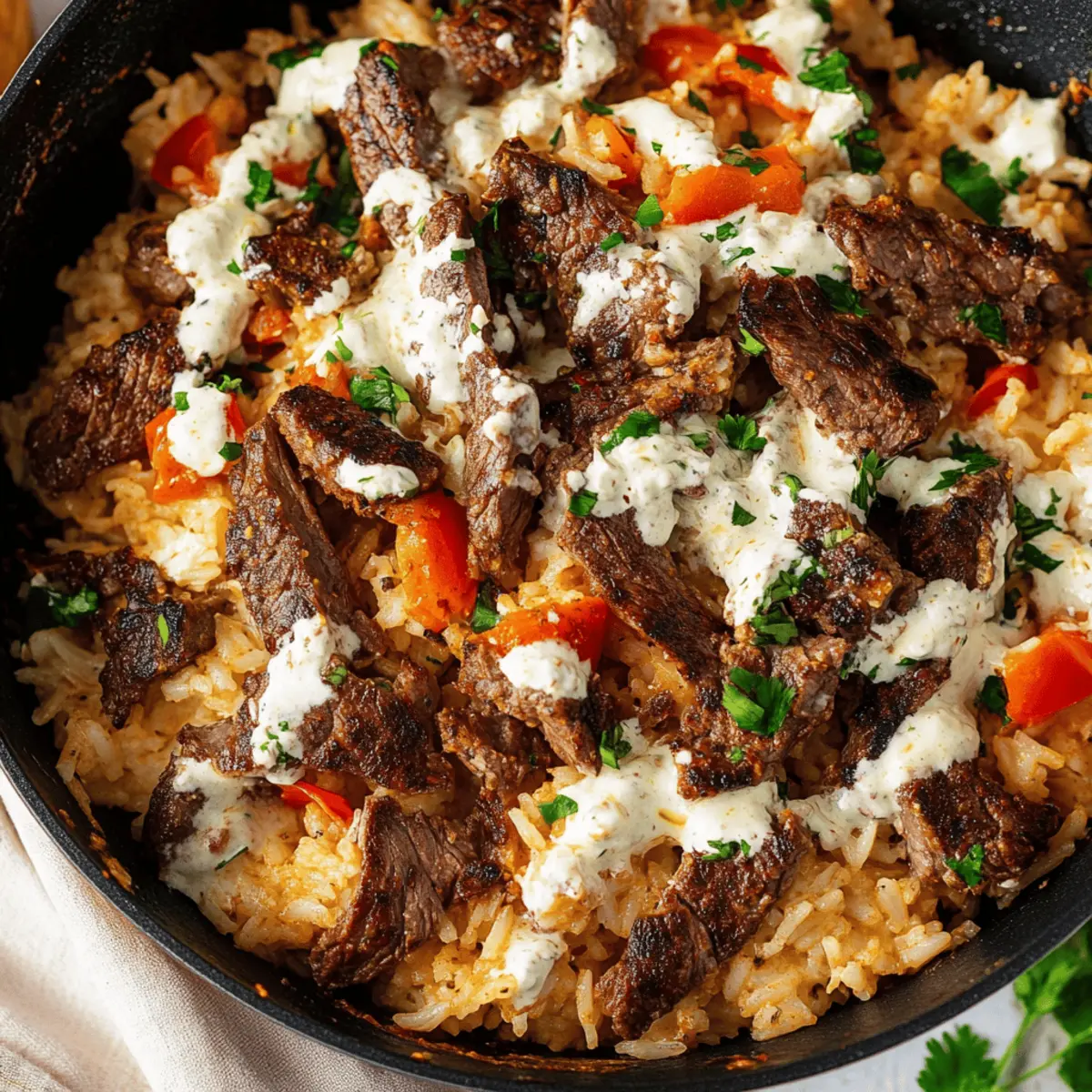 Creamy Queso Rice with Juicy Steak Strips