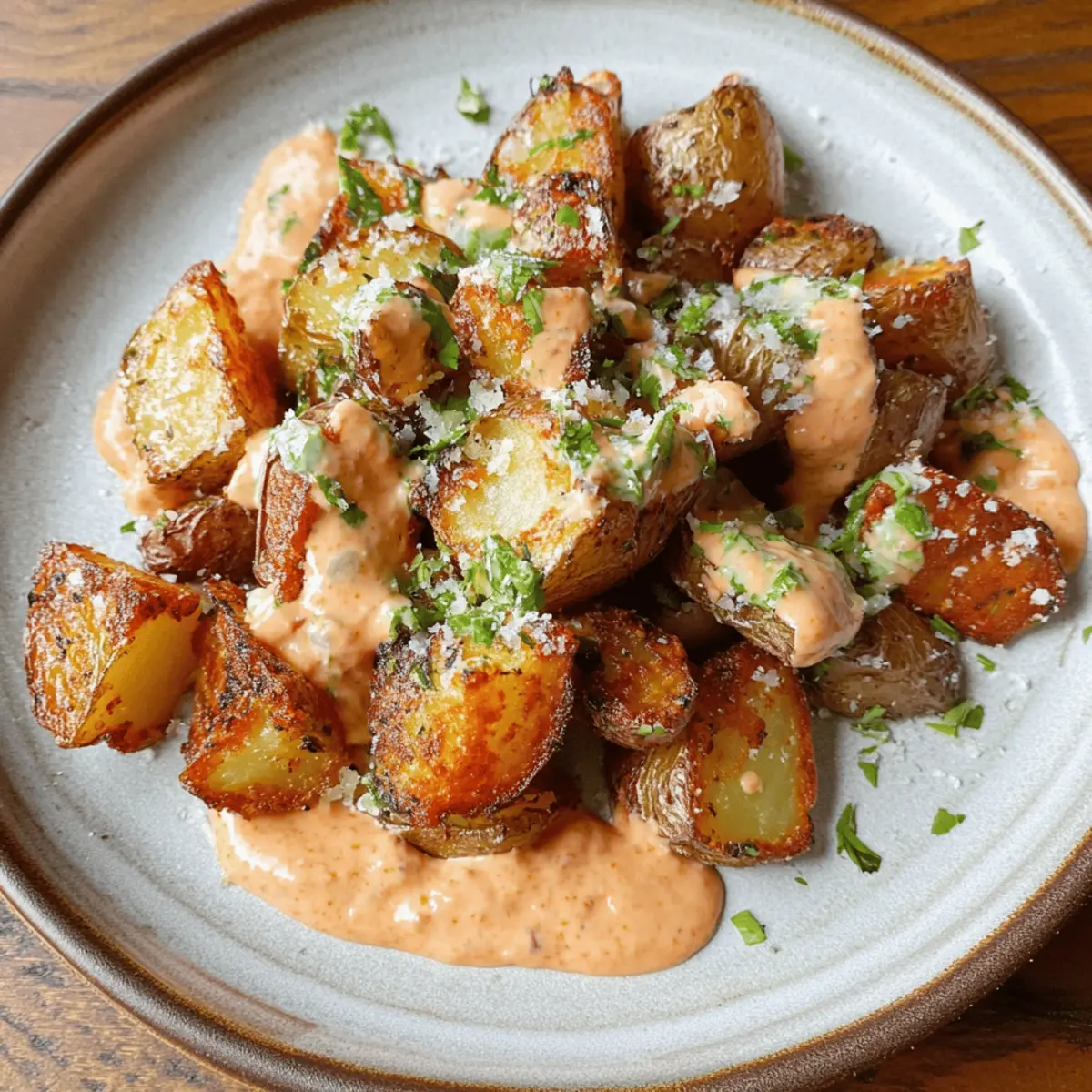 Pecorino Garlic Potatoes over Harissa Mayo