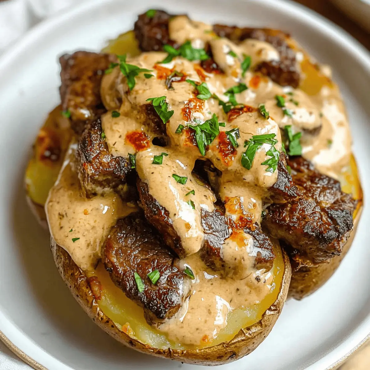 Delicious Loaded Baked Potato with Steak Bites and Cream Sauce