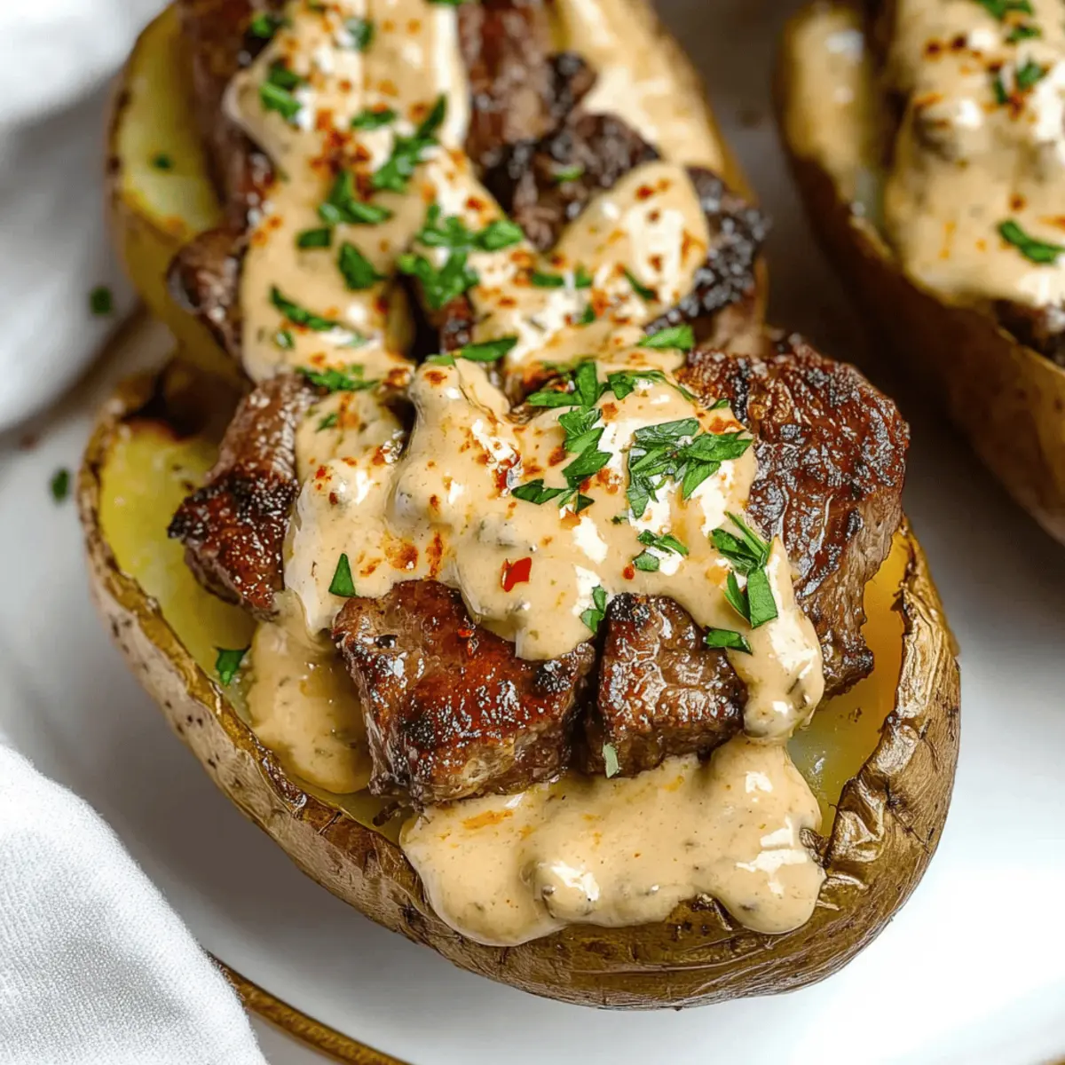 Delicious Loaded Baked Potato with Steak Bites and Cream Sauce