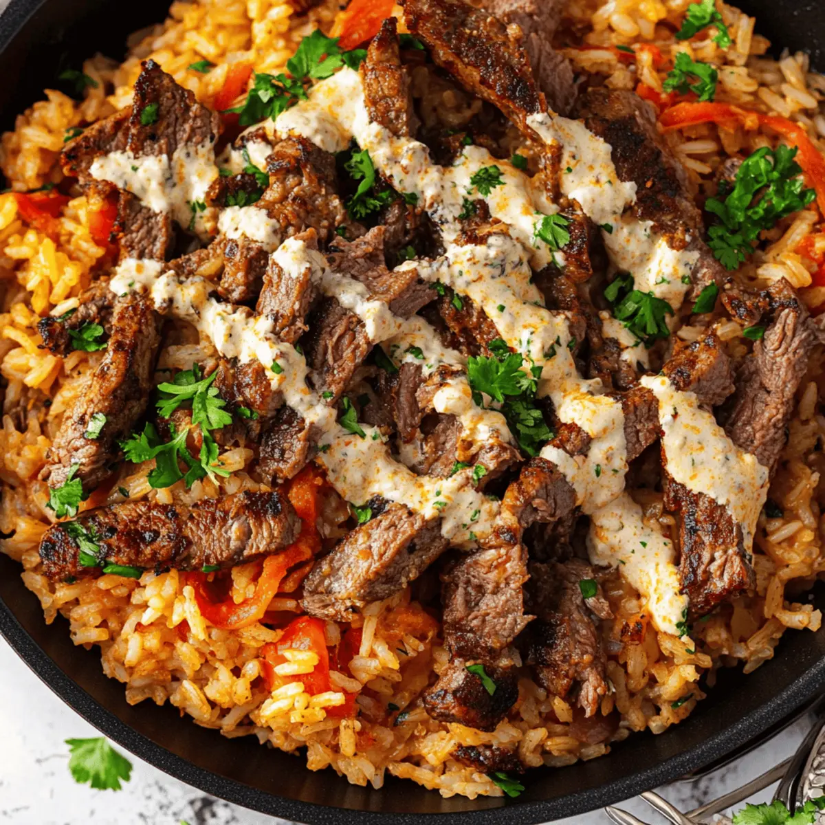 Creamy Queso Rice with Juicy Steak Strips for a Hearty Meal