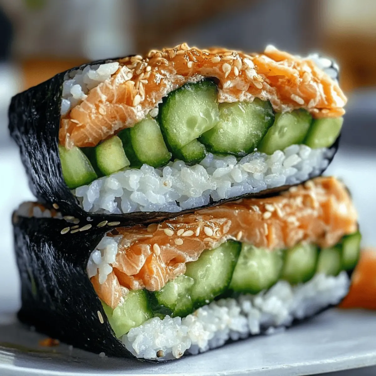 Delicious Salmon Onigirazu Rice Sandwich with Cucumber and Avocado