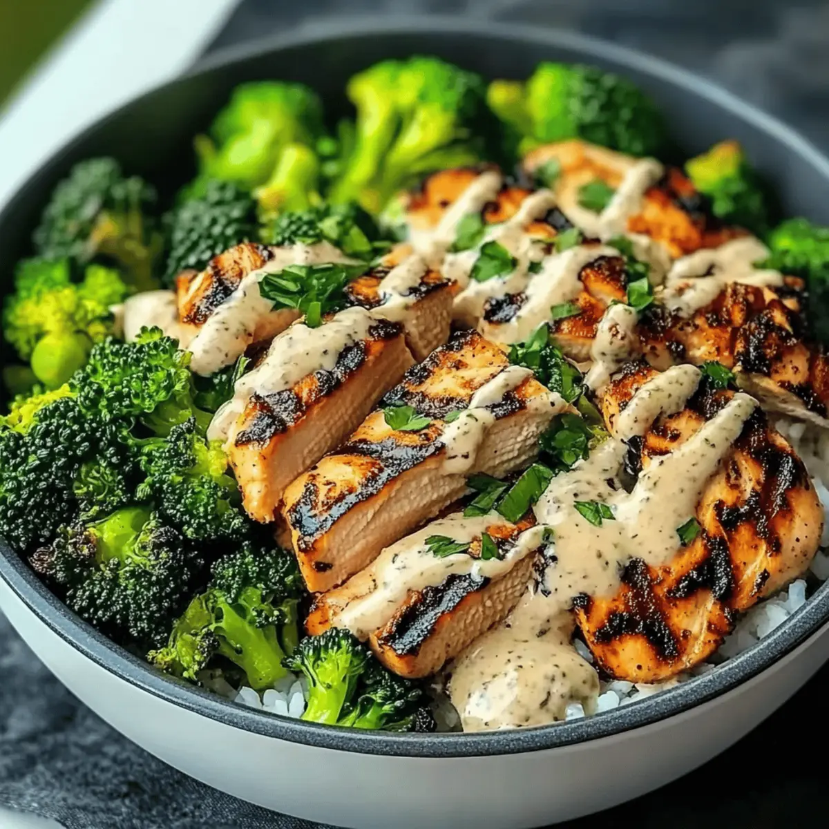 Grilled Chicken & Broccoli Bowls with Creamy Garlic Sauce Recipe