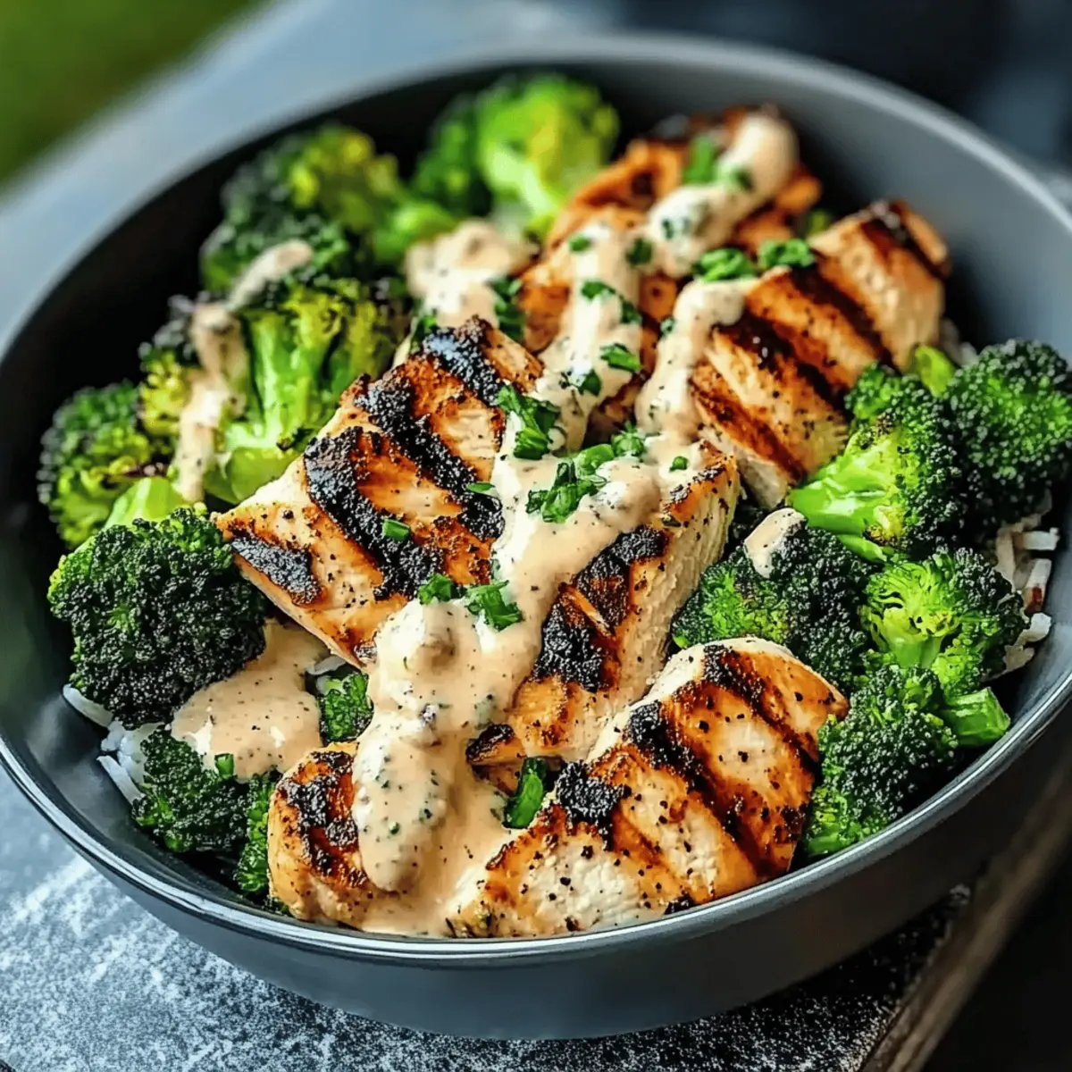 Grilled Chicken & Broccoli Bowls with Creamy Garlic Sauce Recipe