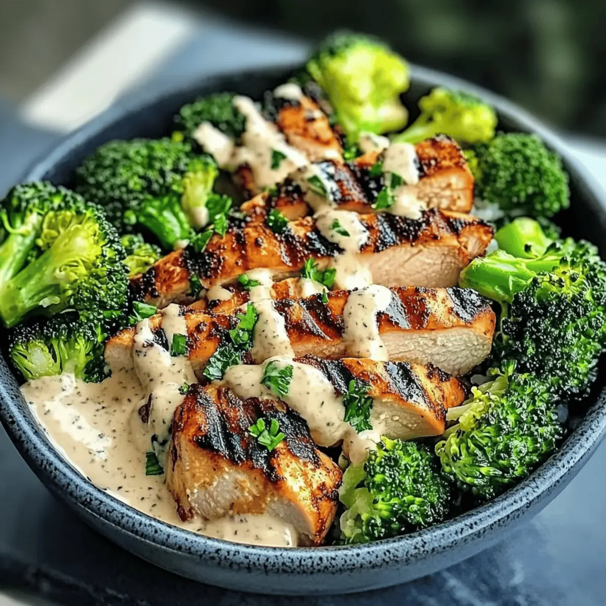 Grilled Chicken & Broccoli Bowls with Creamy Garlic Sauce