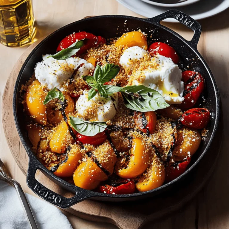 Grilled Marinated Peppers with Burrata and Breadcrumbs