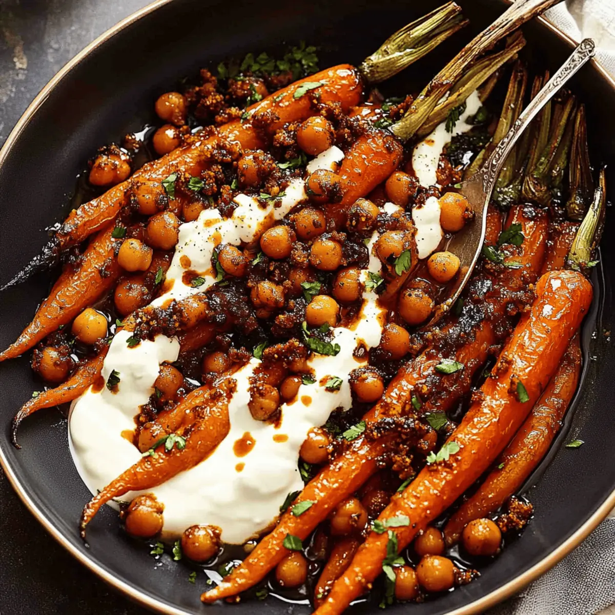 Spicy maple roast carrots with crispy chickpeas and yogurt sauce