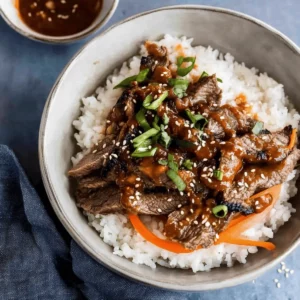 Korean BBQ Steak Rice Bowls with Spicy Cream Sauce