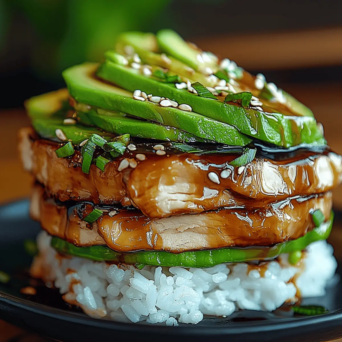 Teriyaki Chicken with Avocado and Rice Stack Layers