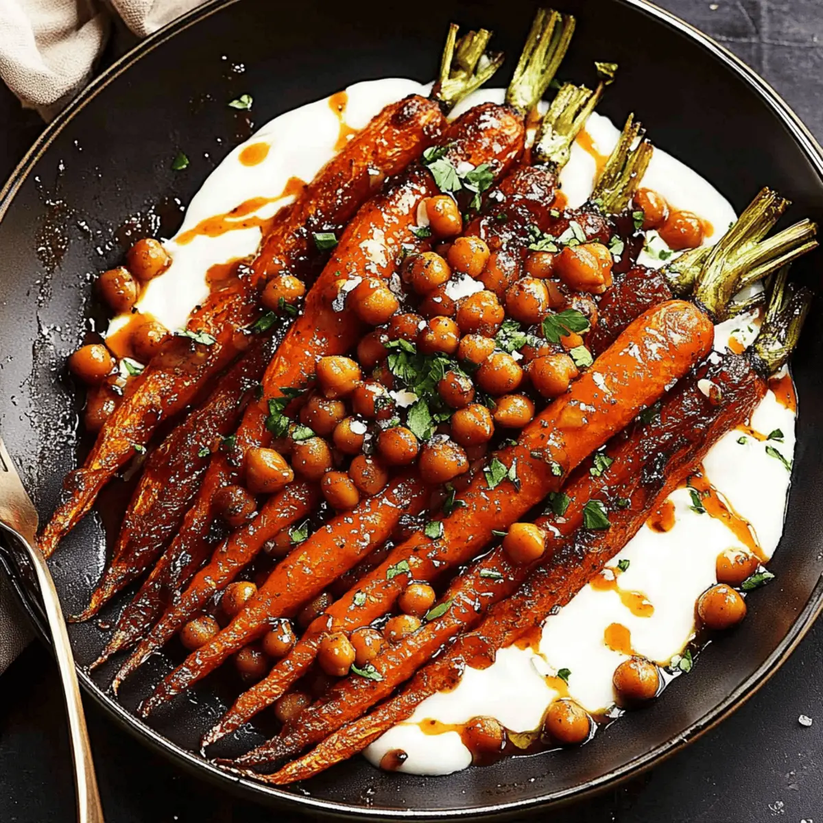 Spicy Maple Roast Carrots with Crispy Chickpeas and Yogurt Sauce