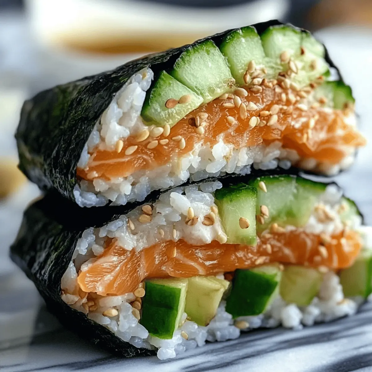 Delicious Salmon Onigirazu Rice Sandwich with Cucumber and Avocado