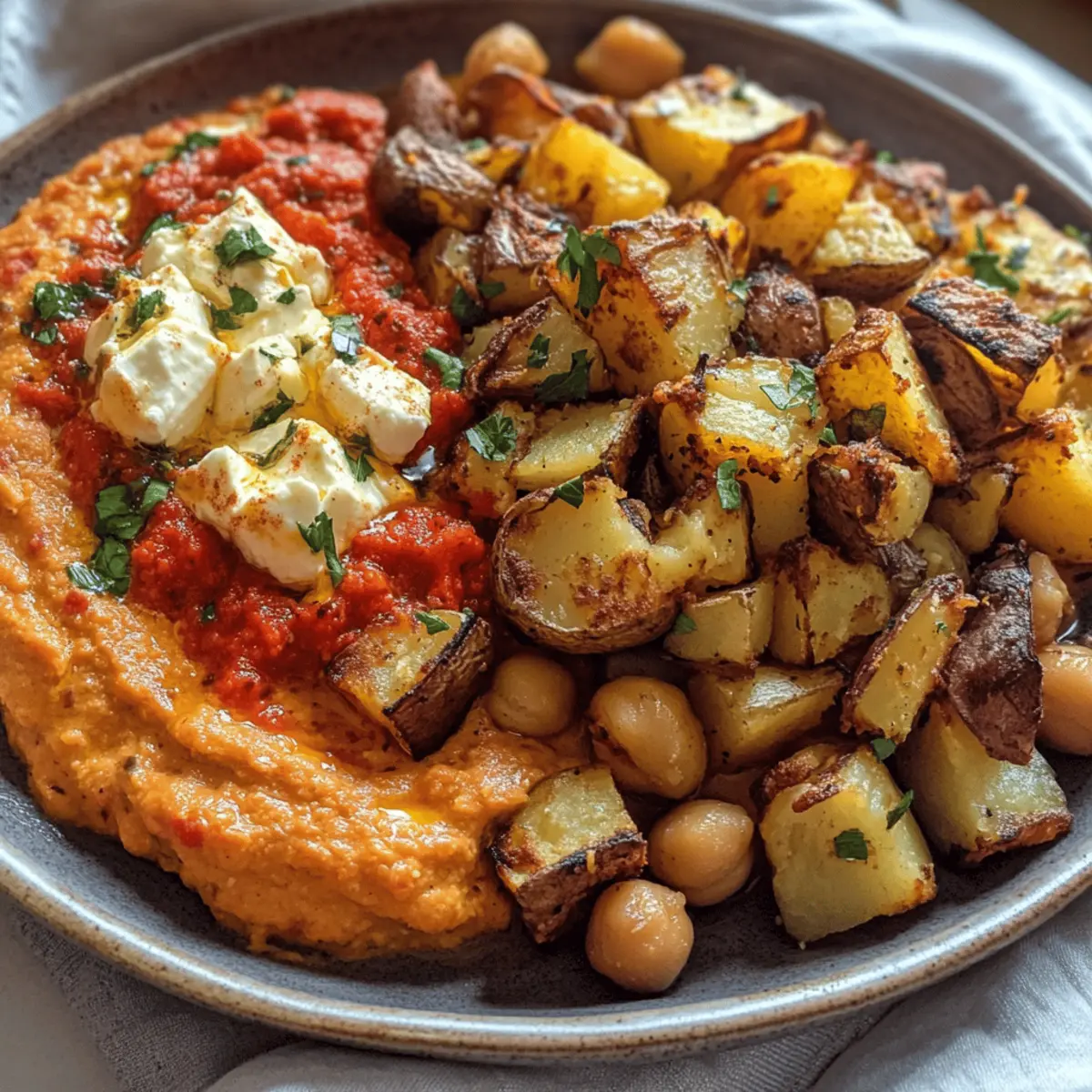 Red Pepper Feta Dip with Roasted Potatoes & Chickpeas