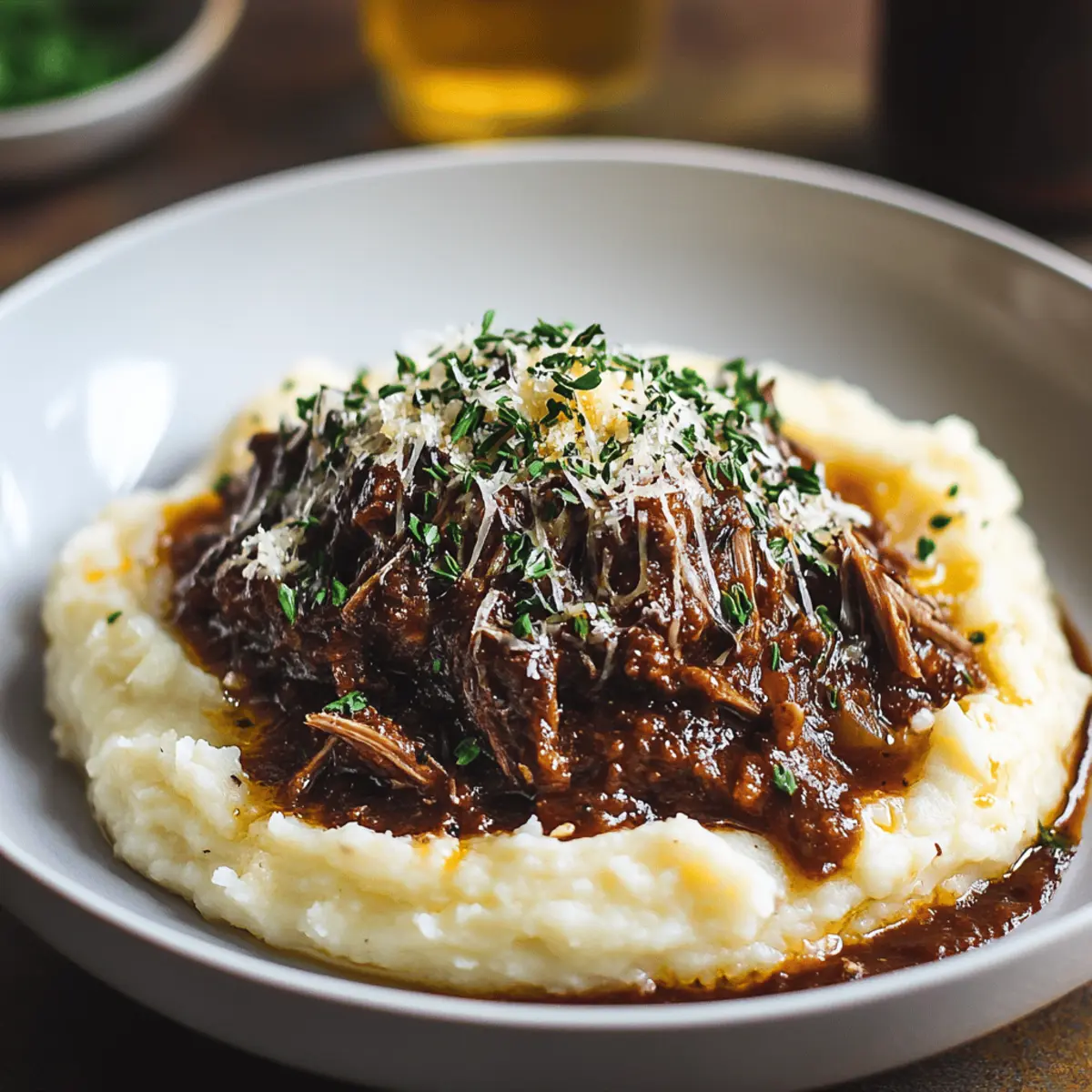 Tender Short Rib Ragu Over Silky Parmesan Mashed Potatoes