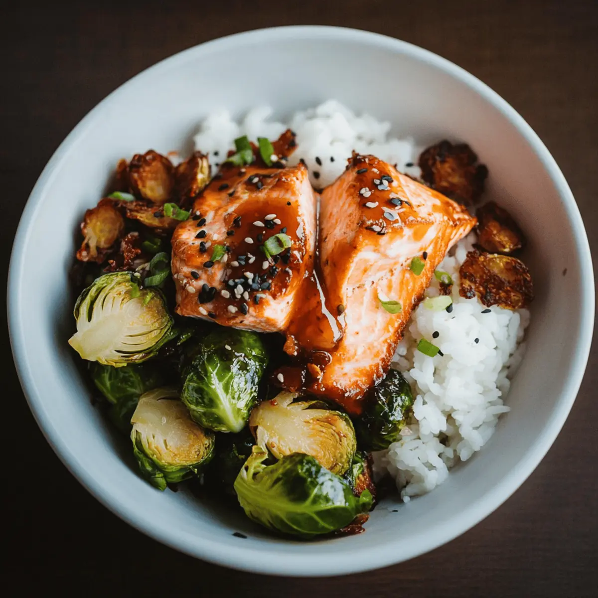 Teriyaki Salmon Bowls with Crispy Brussels Sprouts