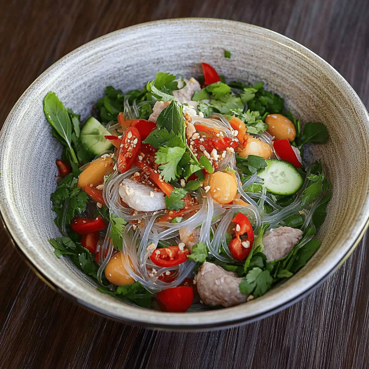 Delicious Thai Glass Noodle Salad with Sausages and Shrimps