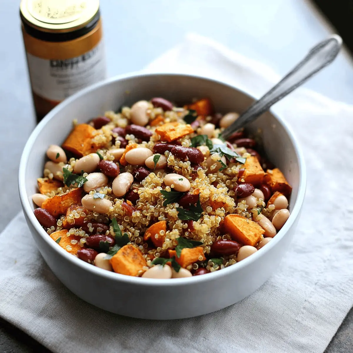 Delicious Warm Sweet Potato White Bean Salad with Crispy Quinoa