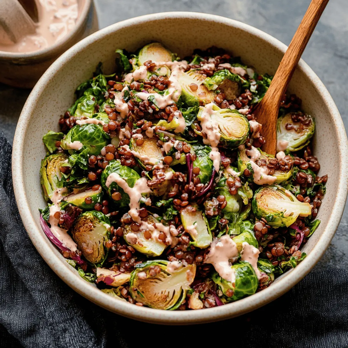Warm Brussels Sprout Salad with Lentils and Spicy Caesar Dressing
