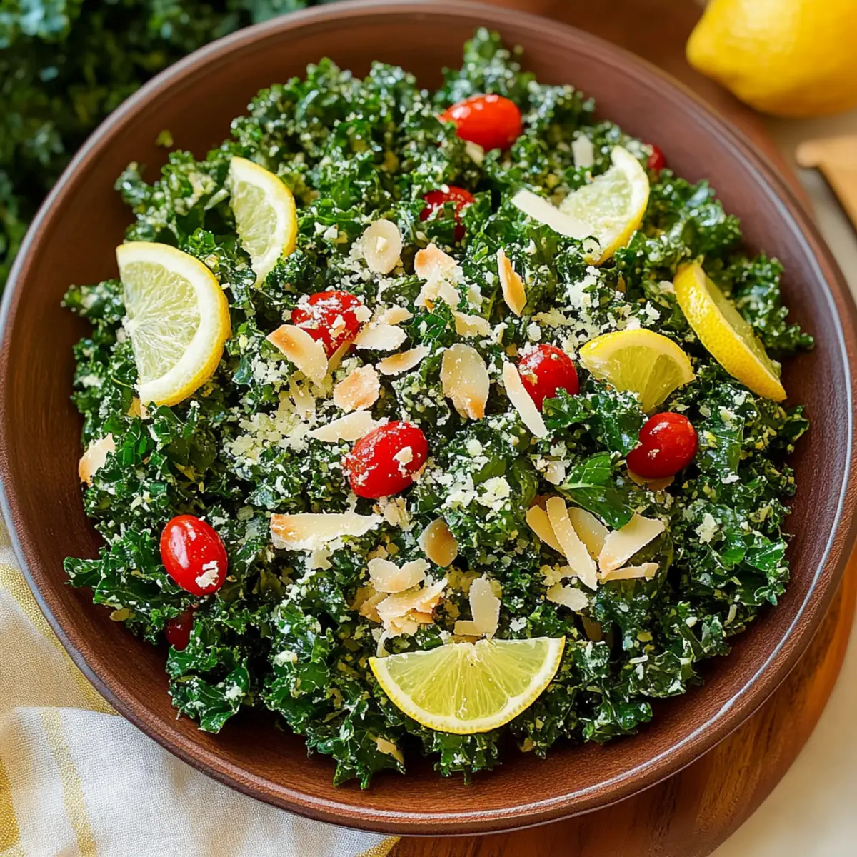 Lemon Parm Kale Salad Recipe with Toasted Almonds and Tomatoes