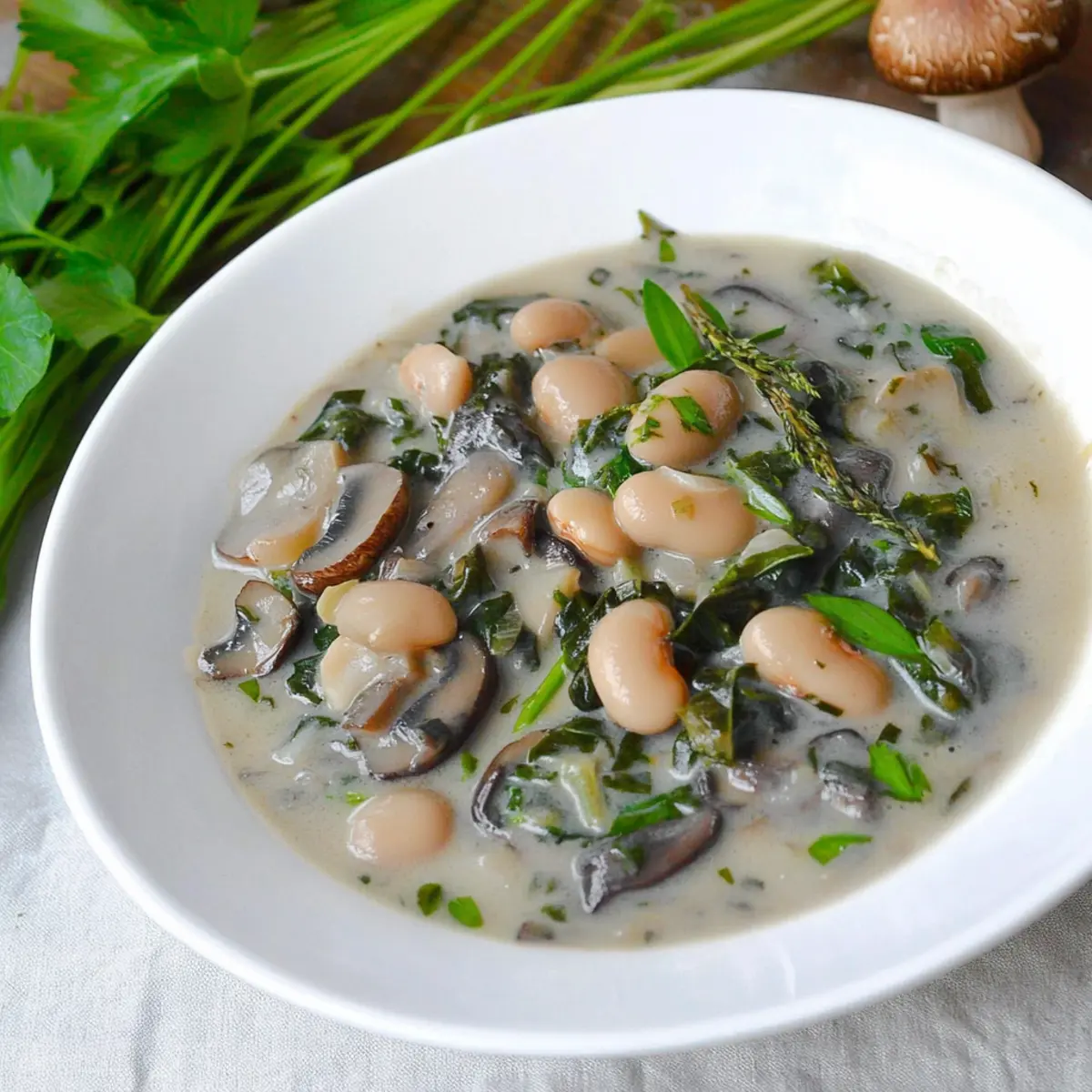 Delicious Creamy Butter Beans and Mushrooms with Spring Greens