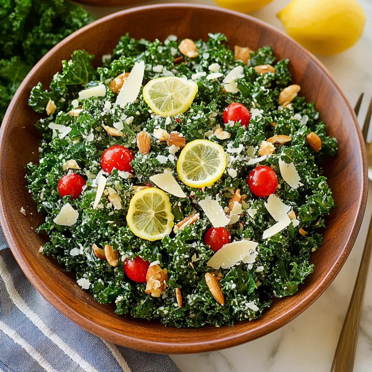 Lemon Parm Kale Salad Recipe with Toasted Almonds and Tomatoes