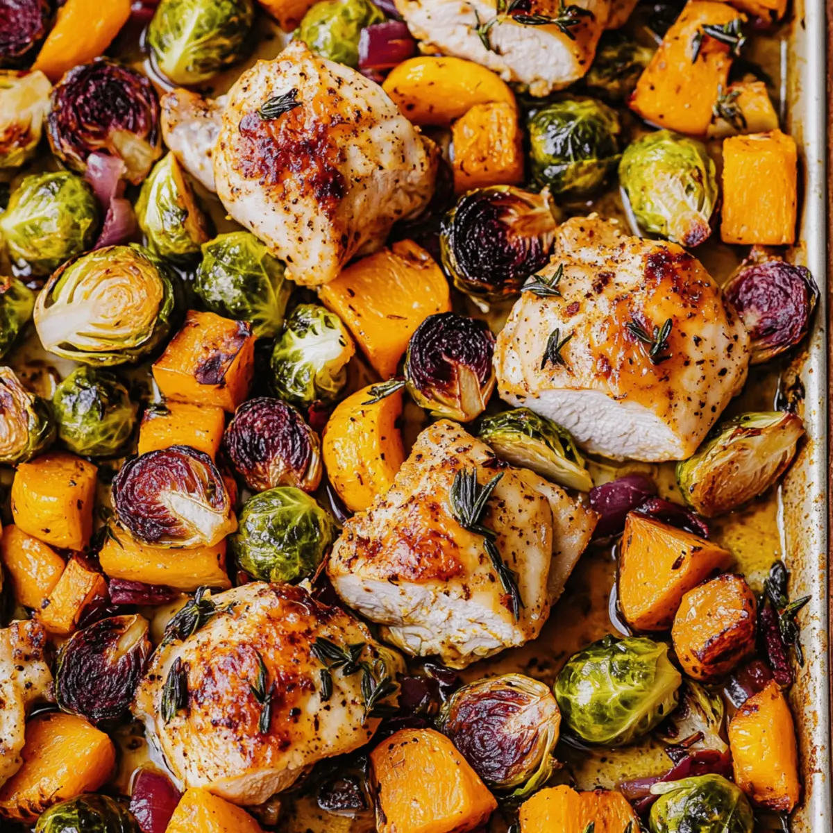 Sheet Pan Chicken with Maple Glazed Brussels Sprouts & Squash
