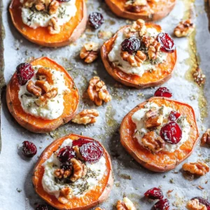 Roasted Sweet Potato Rounds with Herbed Ricotta, Walnuts, and Cranberries