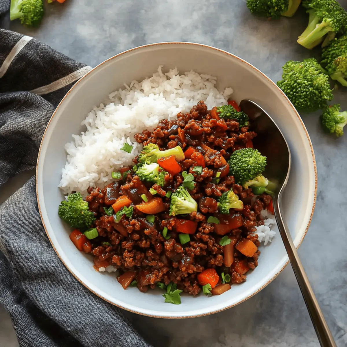 Spicy Ground Beef Stir-Fry Bowl with Garlic Veggies & Rice Recipe