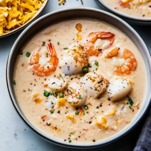 Seafood Bisque with Scallops, Cod, Shrimp