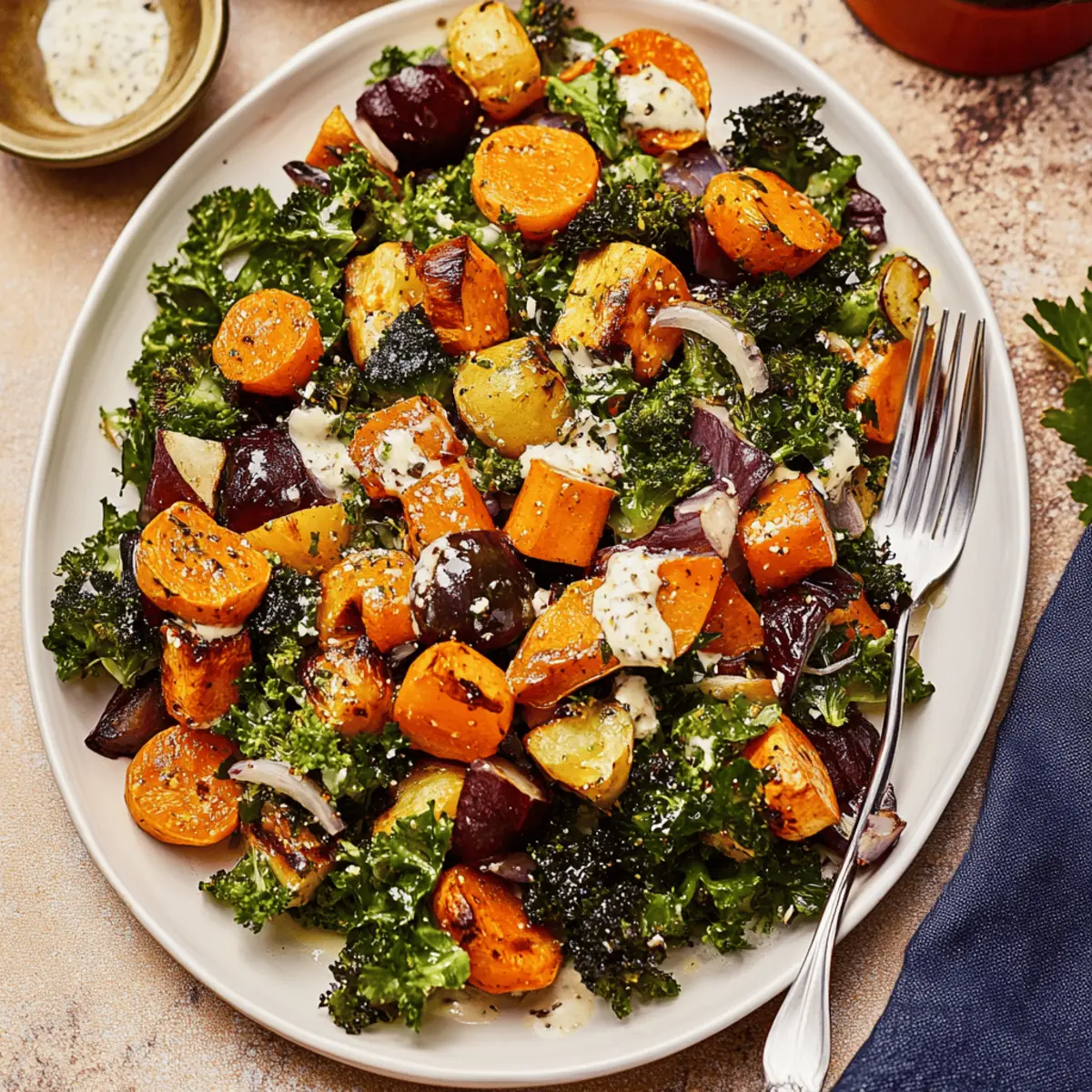 Warm Roasted Veggie Salad with Maple Dijon Vinaigrette