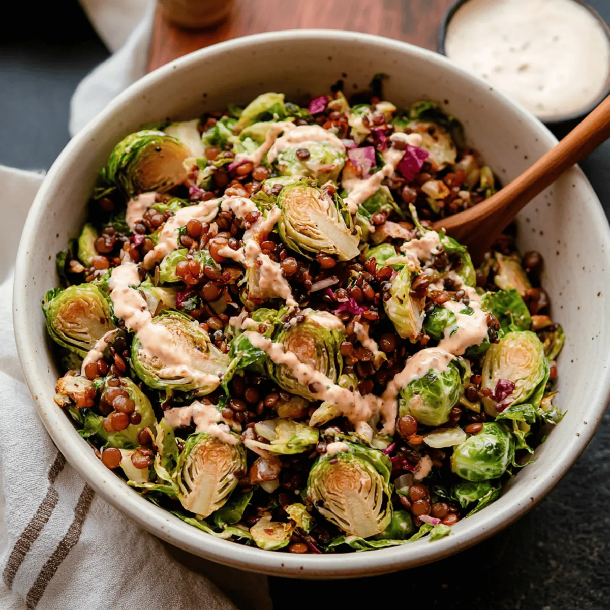 Warm Brussels Sprout Salad with Lentils and Spicy Caesar Dressing