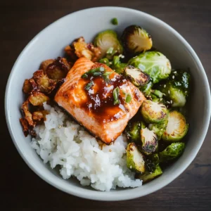 Teriyaki Salmon Bowls with Crispy Brussels Sprouts