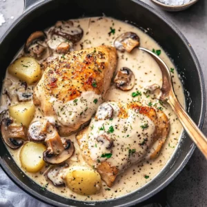 Herb Roasted Chicken in Creamy White Sauce with Mushrooms and Potatoes