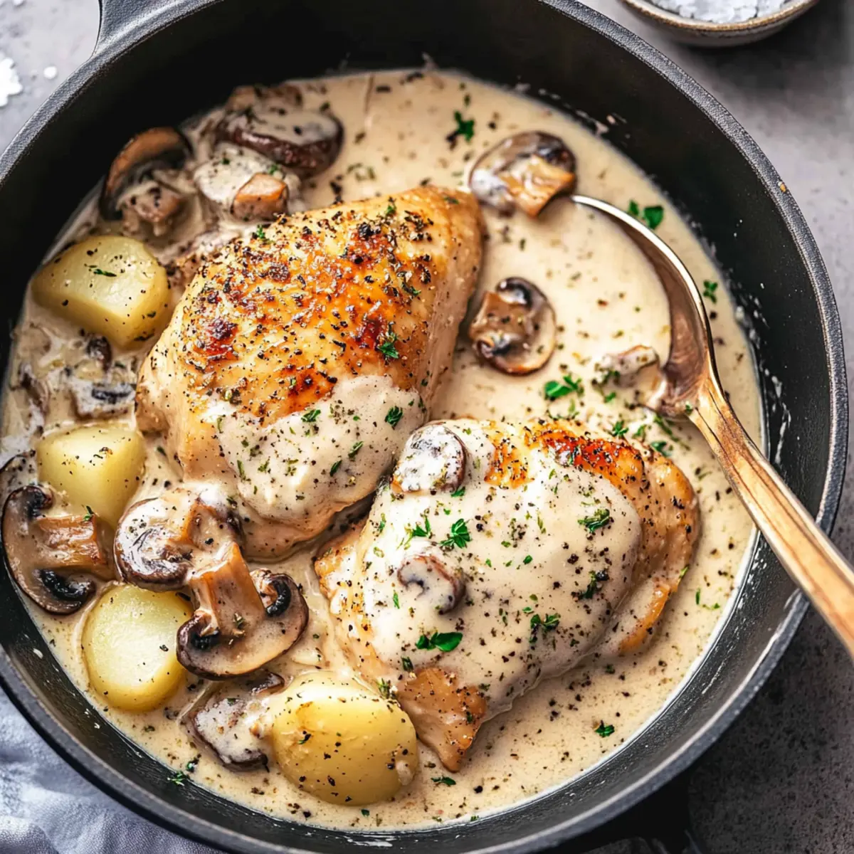 Herb Roasted Chicken in Creamy White Sauce with Mushrooms and Potatoes