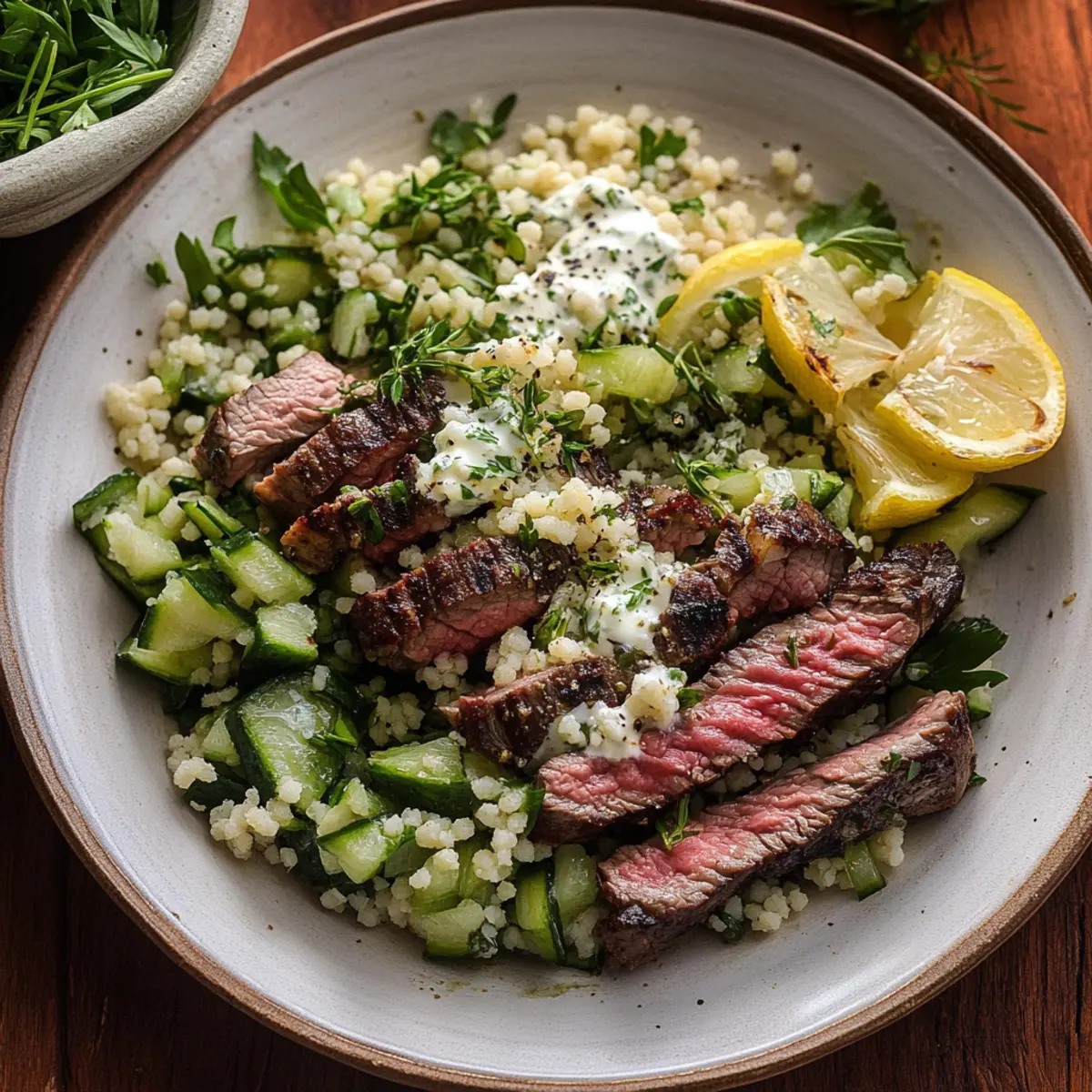 Grilled Skirt Steak with Lemon Herb Couscous Salad Recipe