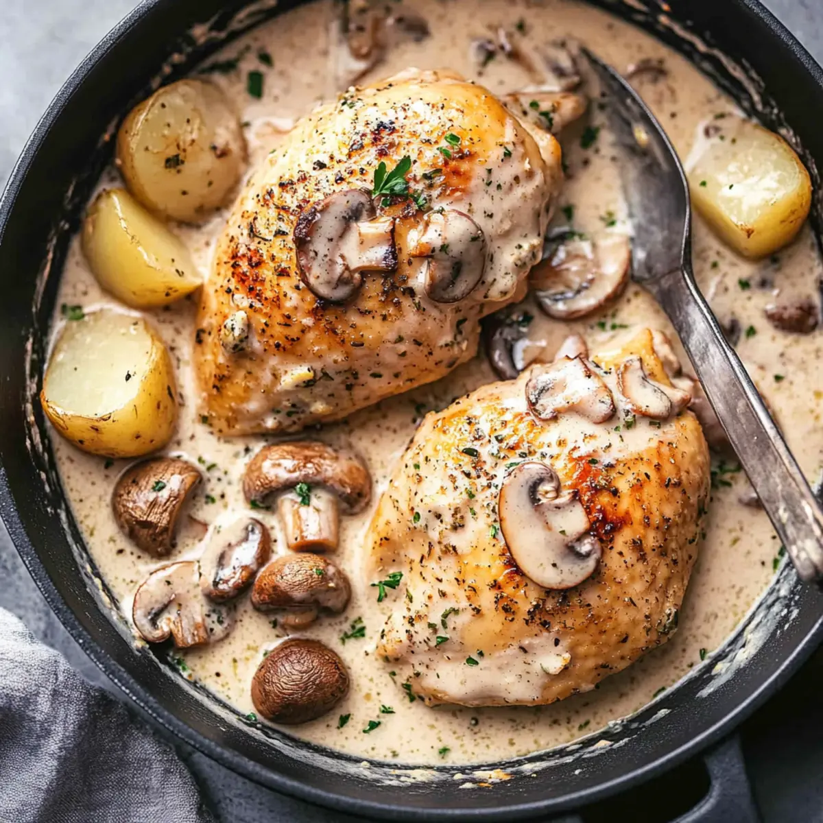 Herb Roasted Chicken in Creamy White Sauce with Mushrooms and Potatoes