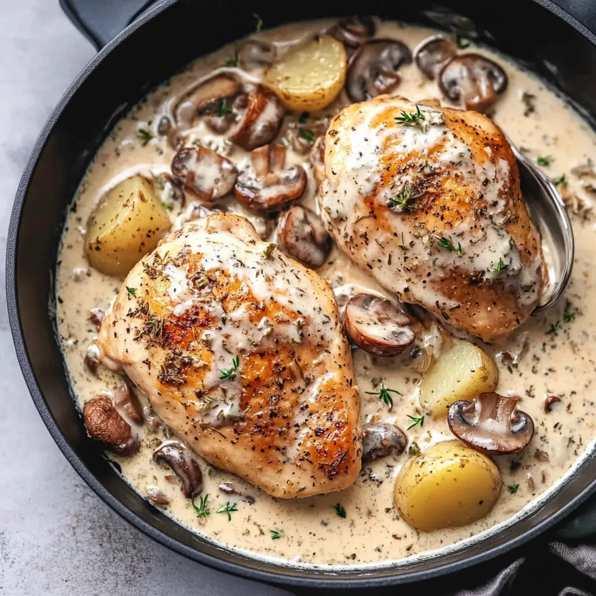 Herb Roasted Chicken in Creamy White Sauce with Mushrooms and Potatoes
