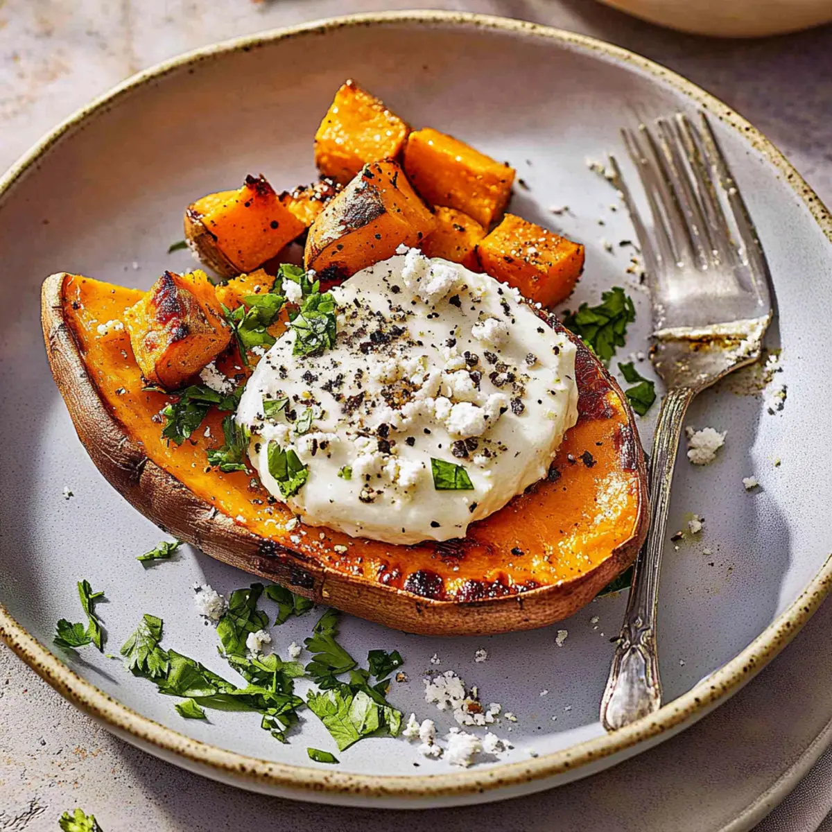 Delicious Breakfast Sweet Potatoes Topped with Fried Eggs and Feta
