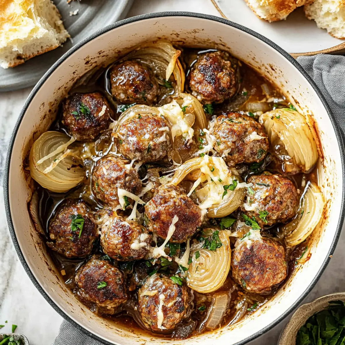 Savory French Onion Meatballs Recipe with Creamy Cheese Gravy