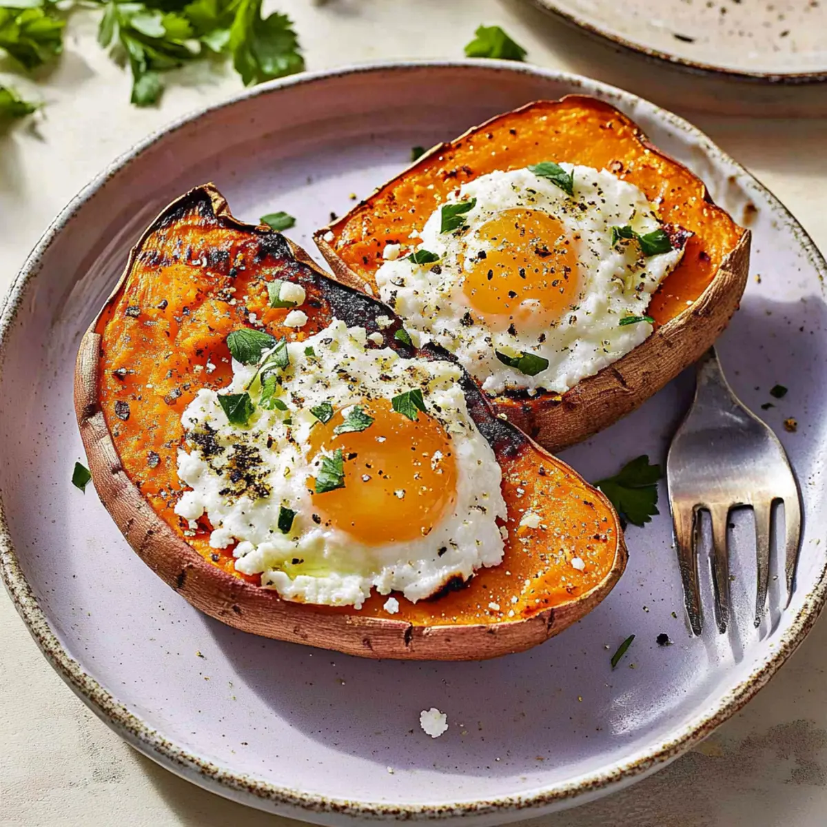 Delicious Breakfast Sweet Potatoes Topped with Fried Eggs and Feta