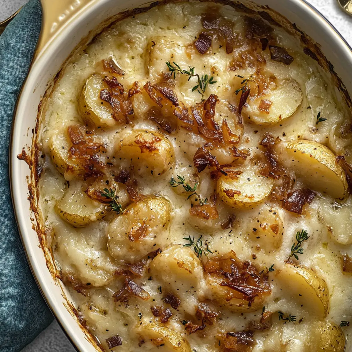 Indulgent Roasted Garlic & Caramelized Onion Potatoes au Gratin