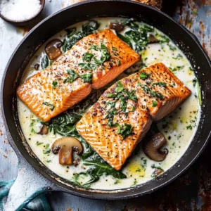 Garlic Butter Salmon with Sautéed Spinach & Mushrooms