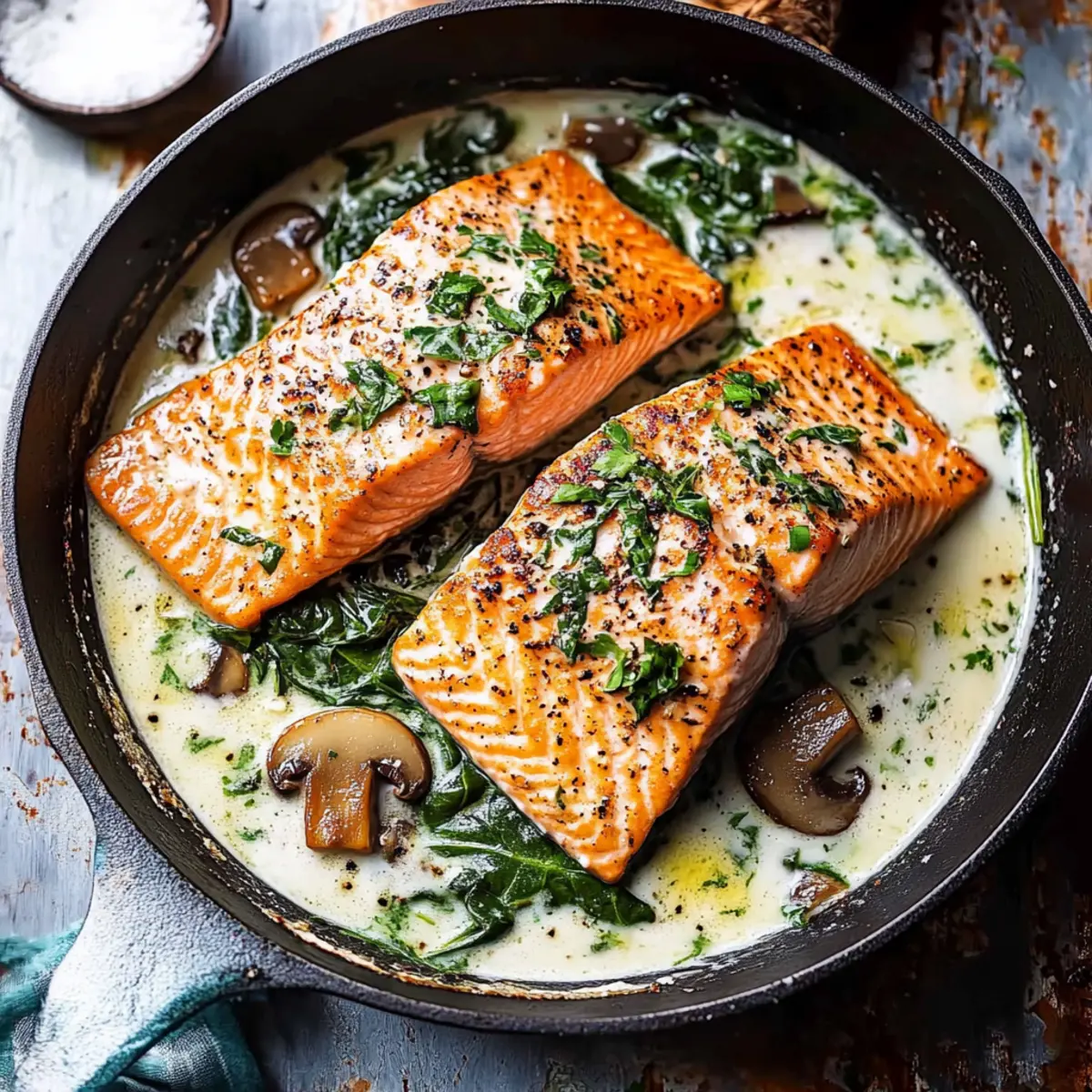 Garlic Butter Salmon with Saut?ed Spinach & Mushrooms